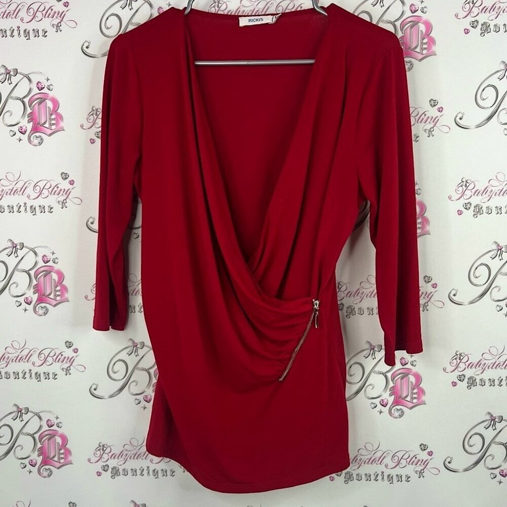 Ricki's long sleeve swoop style y2k Bold Red Drape Blouse with Zipper